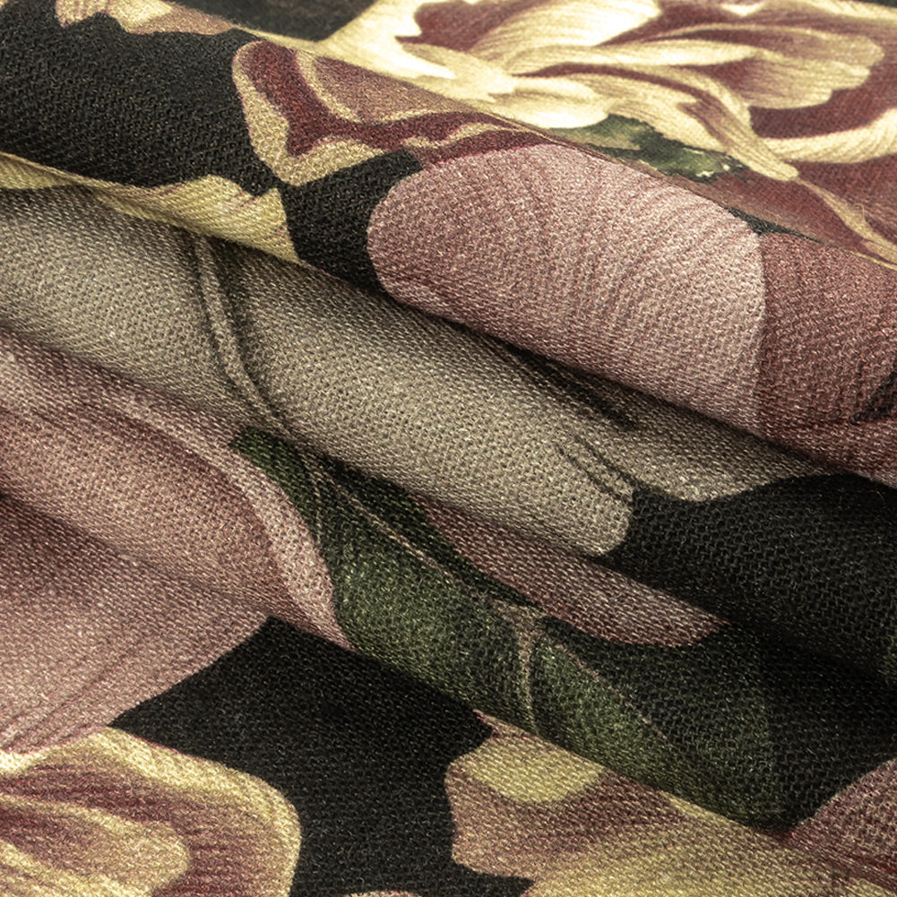 Linen and Rayon Woven - Black and Plum Floral - Vision of Romance Print - Mood Exclusive Wisteria Collection Folded