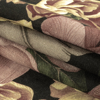 Linen and Rayon Woven - Black and Plum Floral - Vision of Romance Print - Mood Exclusive Wisteria Collection Folded