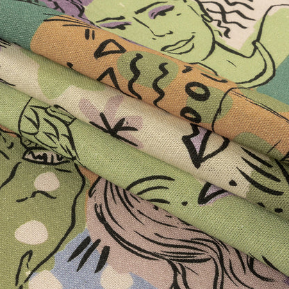 Linen and Rayon Woven - Purple and Green Figures and Doodles - Serene Souls Print - Mood Exclusive Wisteria Collection Folded
