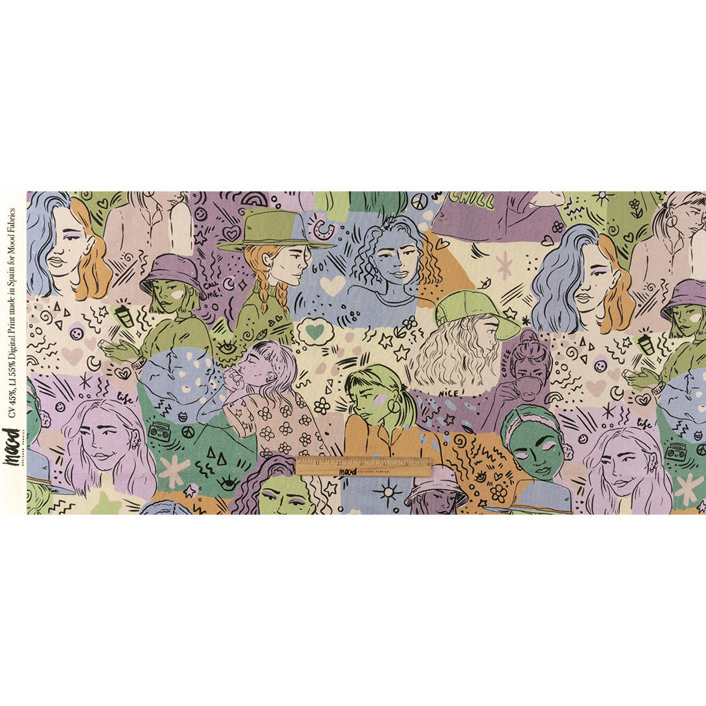 Linen and Rayon Woven - Purple and Green Figures and Doodles - Serene Souls Print - Mood Exclusive Wisteria Collection Full
