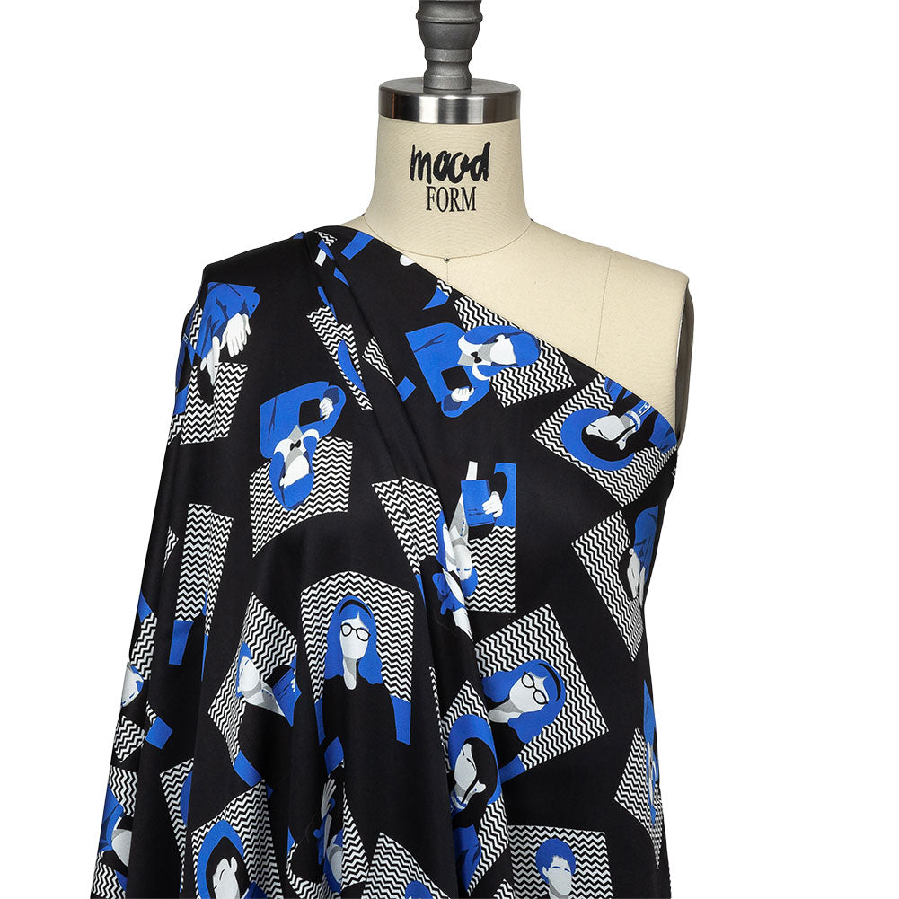 Rayon Challis - Blue and Black Talking Heads - In the Blues Print - Mood Exclusive Indigo Collection - Drape