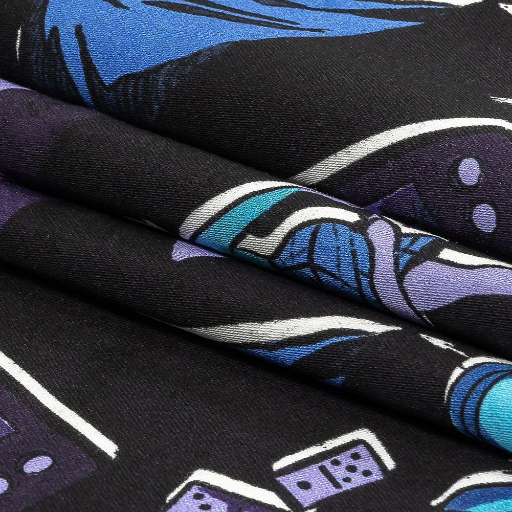 Stretch Cotton Sateen - Purple and Blue Iconic Symbols - Live at Sun Studio Print - Mood Exclusive Indigo Collection - Folded