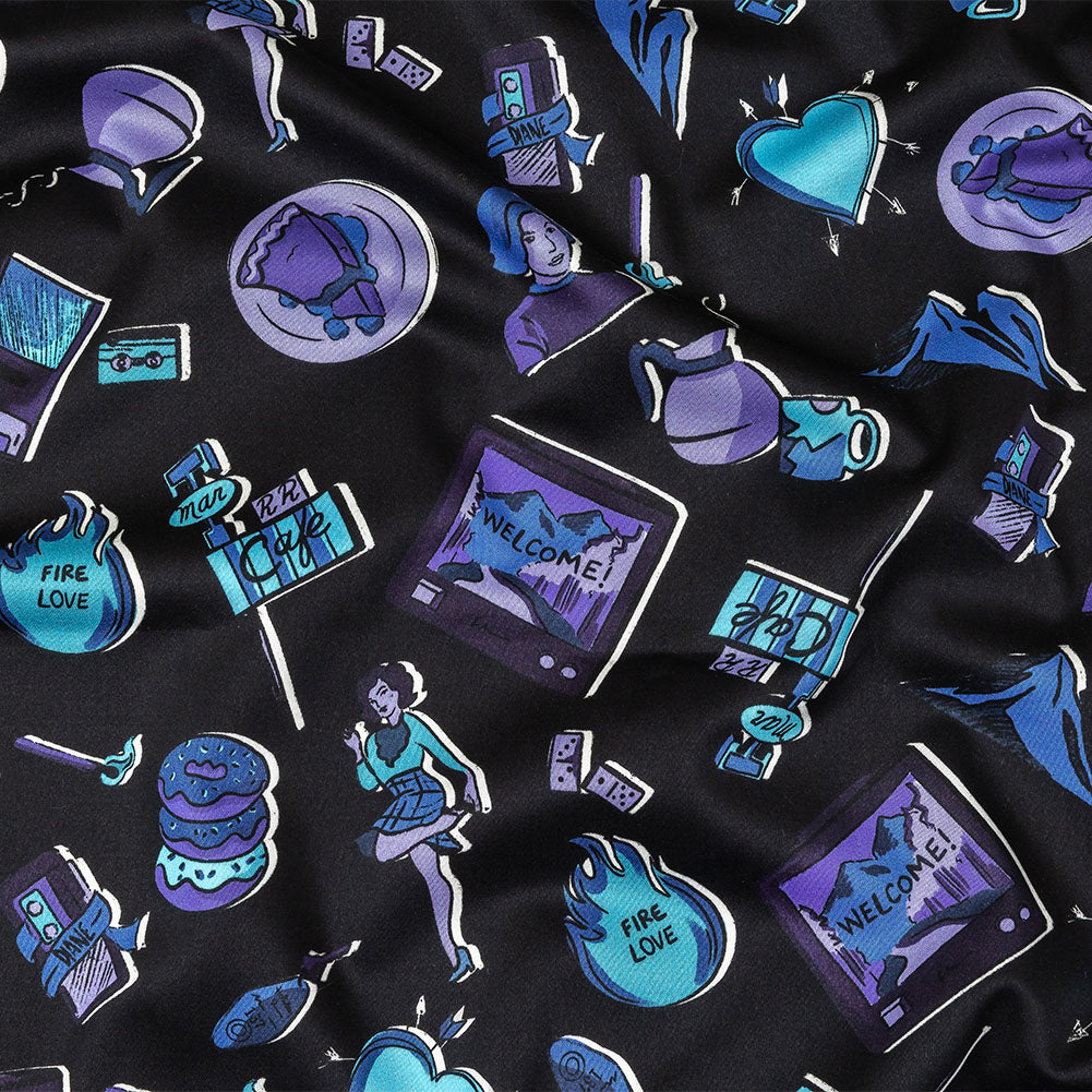 Stretch Cotton Sateen - Purple and Blue Iconic Symbols - Live at Sun Studio Print - Mood Exclusive Indigo Collection