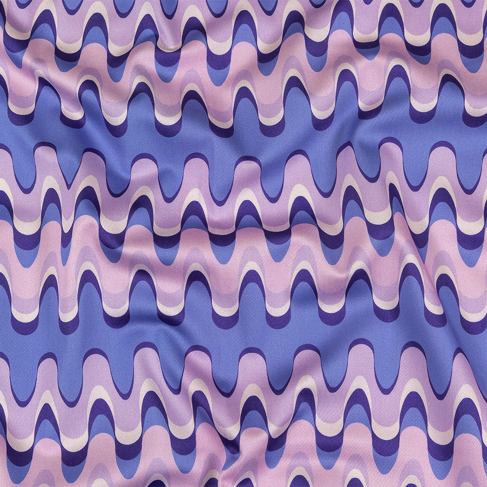 Stretch Cotton Sateen - Purple and Blue Bubbly Zig Zags - Blue Jay Waves Print - Mood Exclusive Indigo Collection