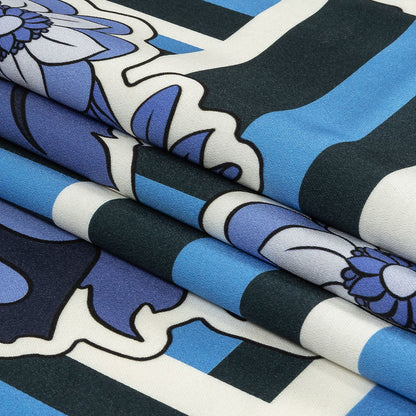 Stretch Cotton Sateen - Flowers and Stripes - Stuck on Blue Print - Mood Exclusive Indigo Collection