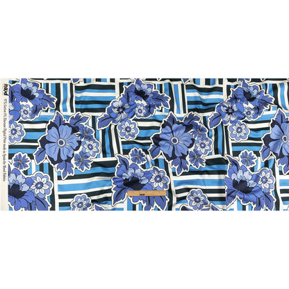 Stretch Cotton Sateen - Flowers and Stripes - Stuck on Blue Print - Mood Exclusive Indigo Collection