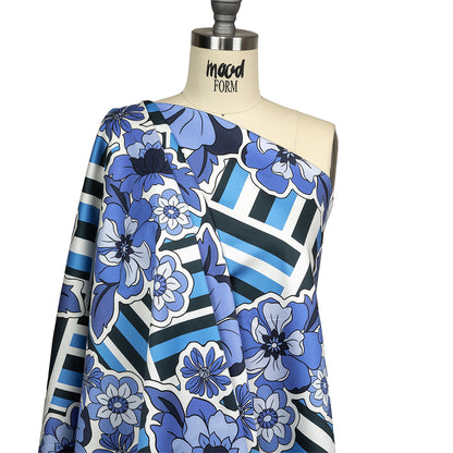 Stretch Cotton Sateen - Flowers and Stripes - Stuck on Blue Print - Mood Exclusive Indigo Collection