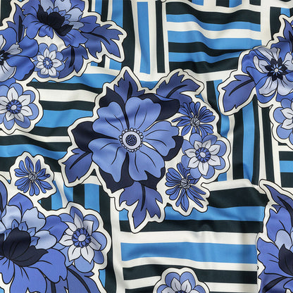 Stretch Cotton Sateen - Flowers and Stripes - Stuck on Blue Print - Mood Exclusive Indigo Collection
