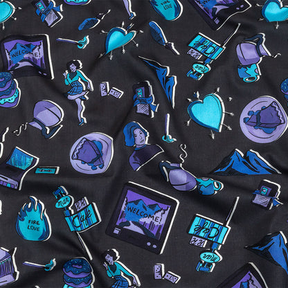 Cotton Voile - Purple and Blue Iconic Symbols - Live at Sun Studio Print - Mood Exclusive Indigo Collection