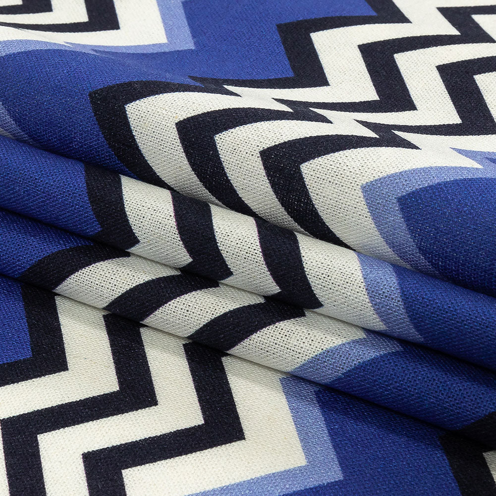 Linen and Rayon Woven - Blue and Black Zig Zags - Blues Night Print - Mood Exclusive Indigo Collection - Folded