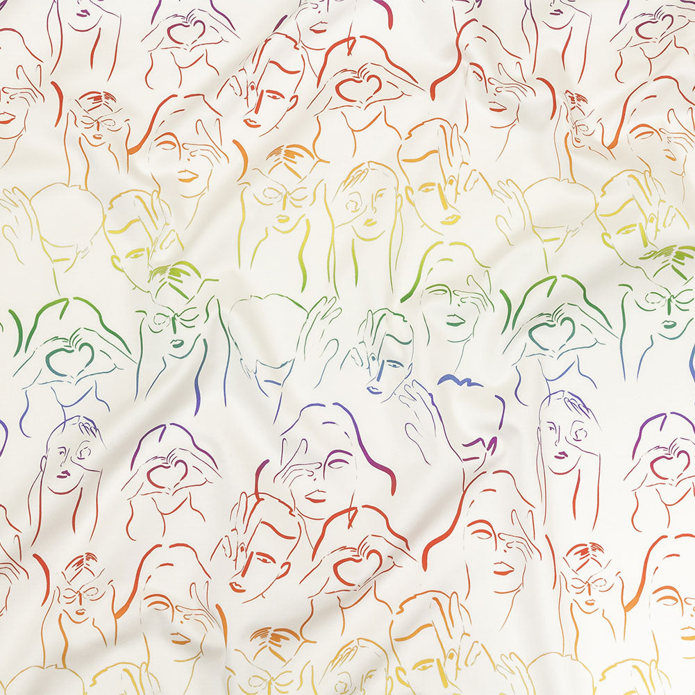 Stretch Cotton Sateen - Rainbow Faces and Hands - Language of Love Print - Mood Exclusive Pride Collection