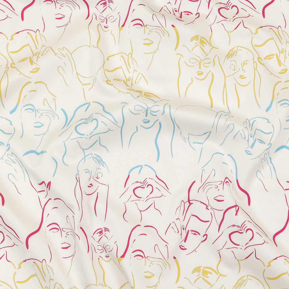 Stretch Cotton Sateen - Blue, Yellow and Pink Faces and Hands - Language of Love Print - Mood Exclusive Pride Collection