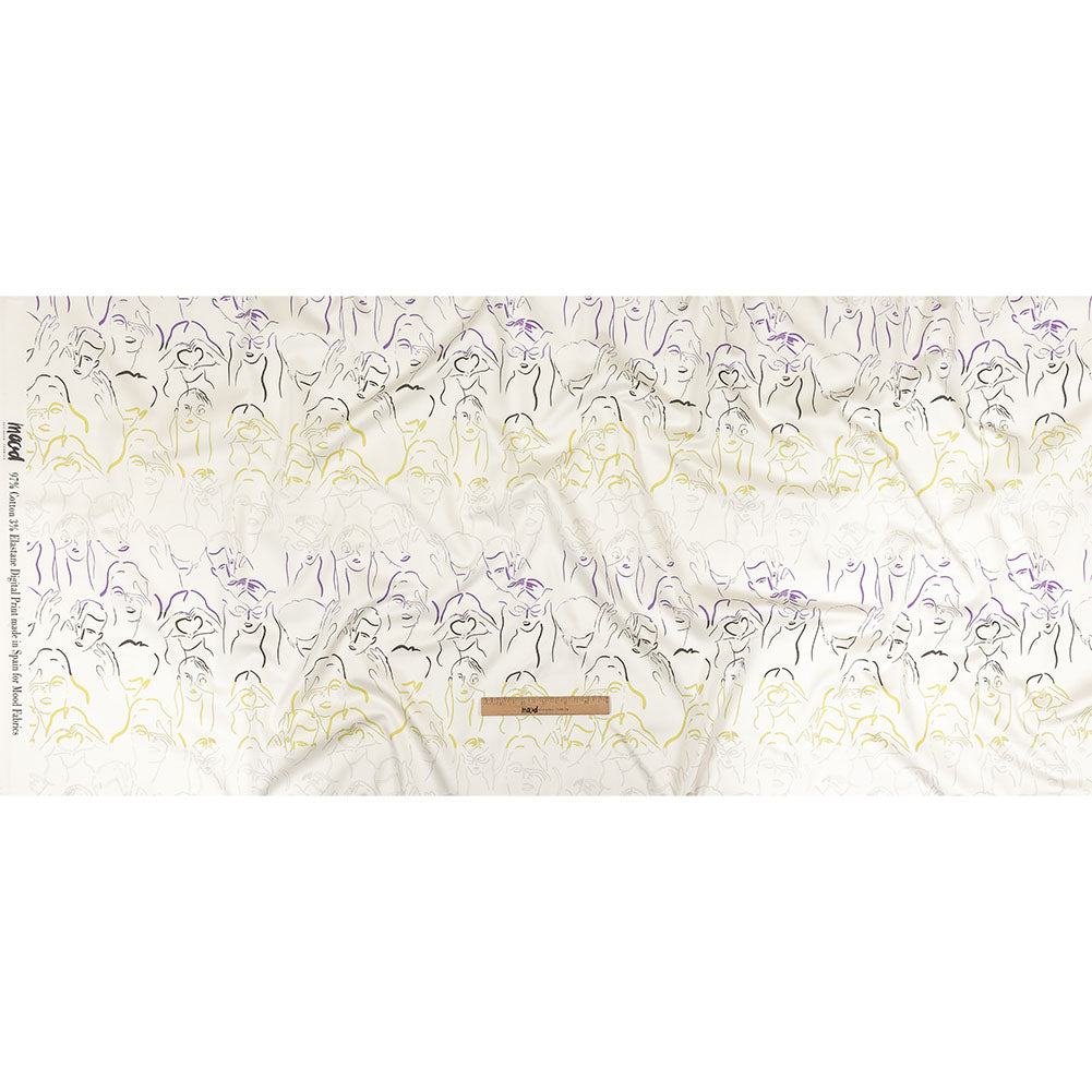 Stretch Cotton Sateen - Purple, Yellow and Black Faces and Hands - Language of Love Print - Mood Exclusive Pride Collection