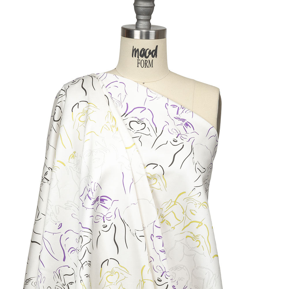 Stretch Cotton Sateen - Purple, Yellow and Black Faces and Hands - Language of Love Print - Mood Exclusive Pride Collection