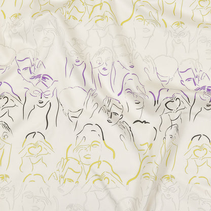 Stretch Cotton Sateen - Purple, Yellow and Black Faces and Hands - Language of Love Print - Mood Exclusive Pride Collection