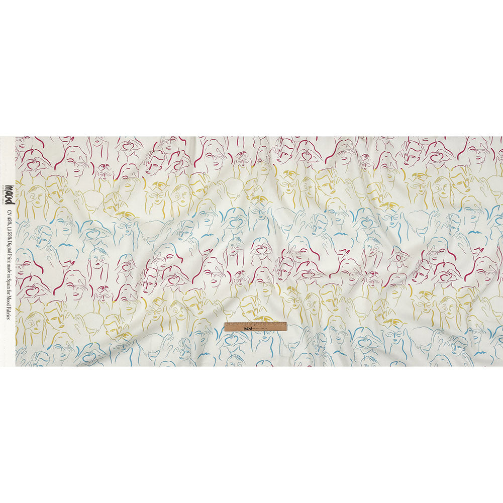 Linen and Rayon Woven - Blue, Yellow and Pink Faces and Hands - Language of Love Print - Mood Exclusive Pride Collection