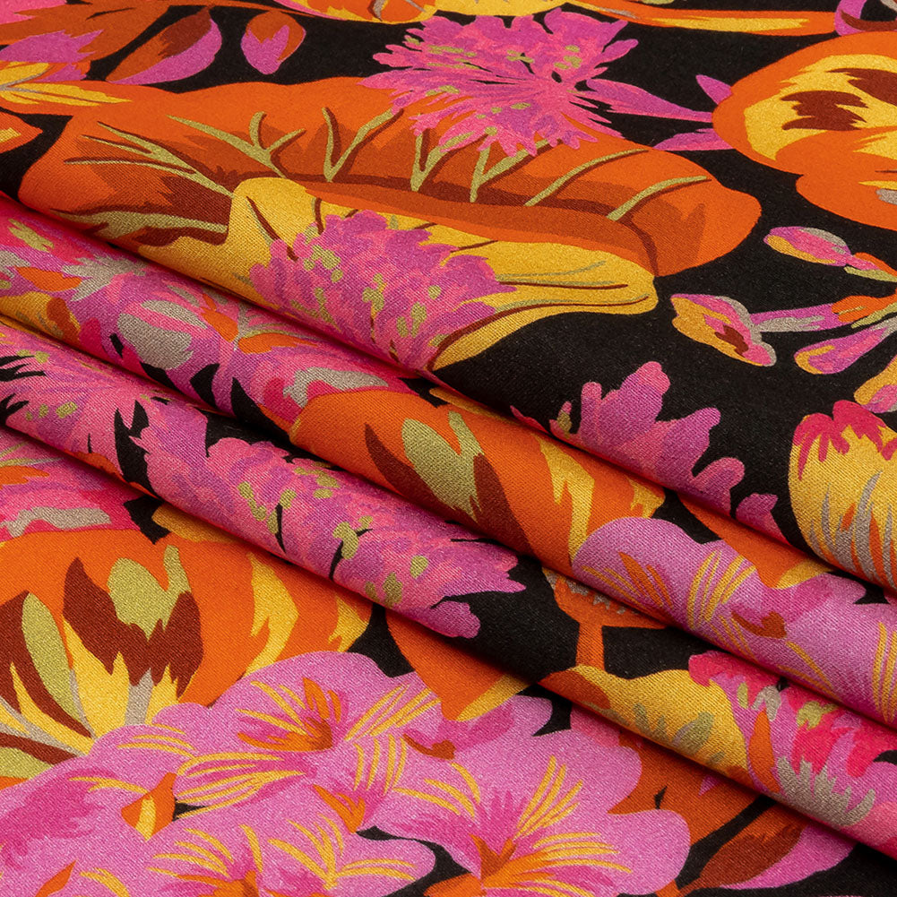 Rayon Challis - Black, Pink and Yellow Floral - Tangerine Dreams Print - Mood Exclusive Citrus Collection