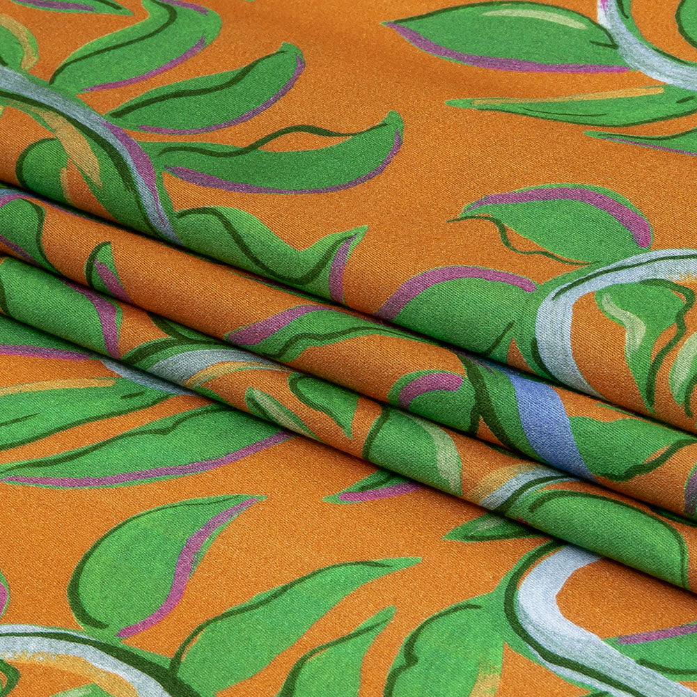Rayon Challis - Orange and Green Foliage - Looking Vine Print - Mood Exclusive Citrus Collection - Folded