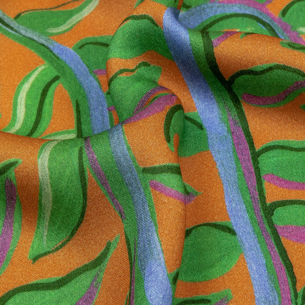 Rayon Challis - Orange and Green Foliage - Looking Vine Print - Mood Exclusive Citrus Collection - Detail