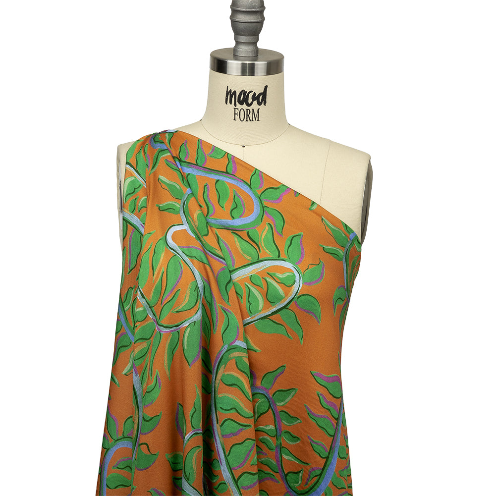Rayon Challis - Orange and Green Foliage - Looking Vine Print - Mood Exclusive Citrus Collection - Drape