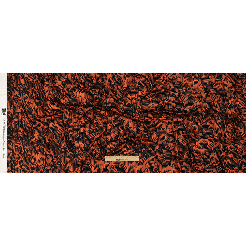 Rayon Challis - Black and Orange Geometric Lines - Ci-Trust the Process Print - Mood Exclusive Citrus Collection