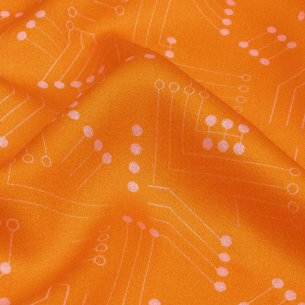 Rayon Challis - Orange Circuit Board Dots - Circuit Breaker Print - Mood Exclusive Citrus Collection - Detail