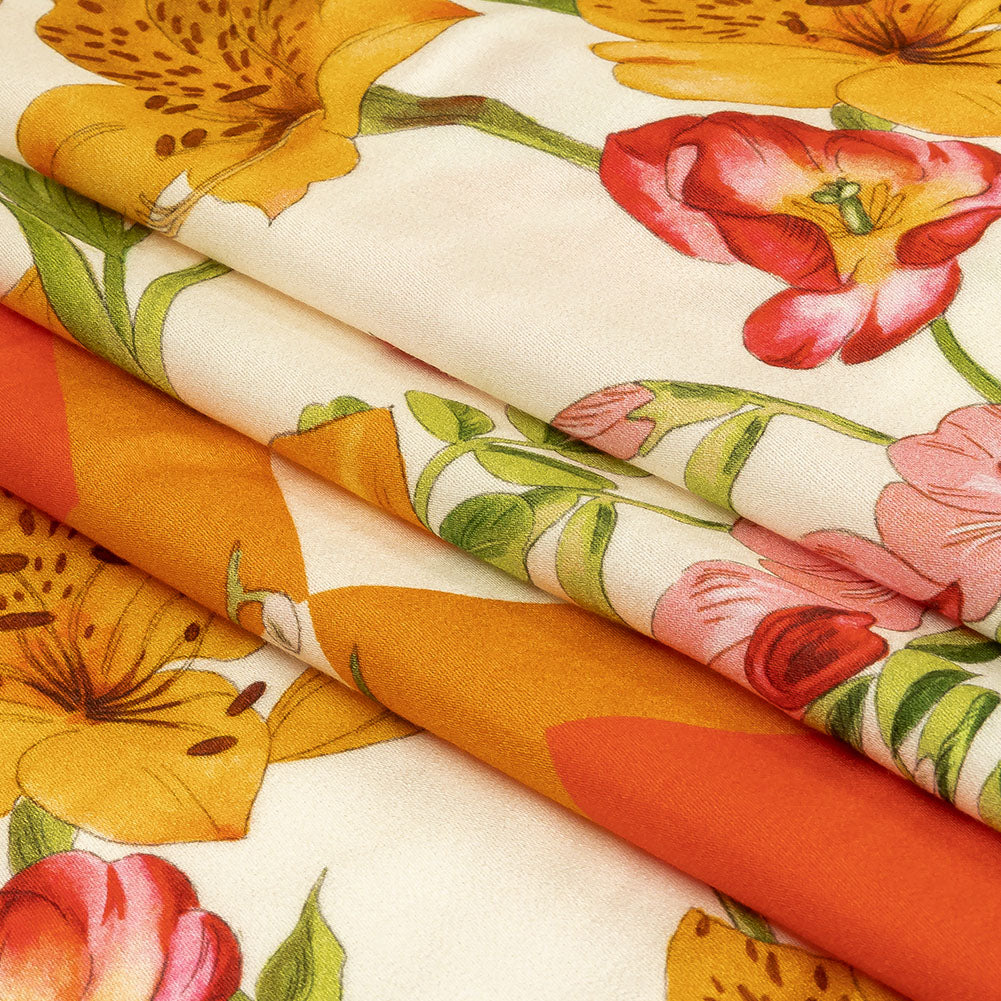 Rayon Challis - Orange and Pink Floral - Golden Garden Print - Mood Exclusive Citrus Collection - Folded