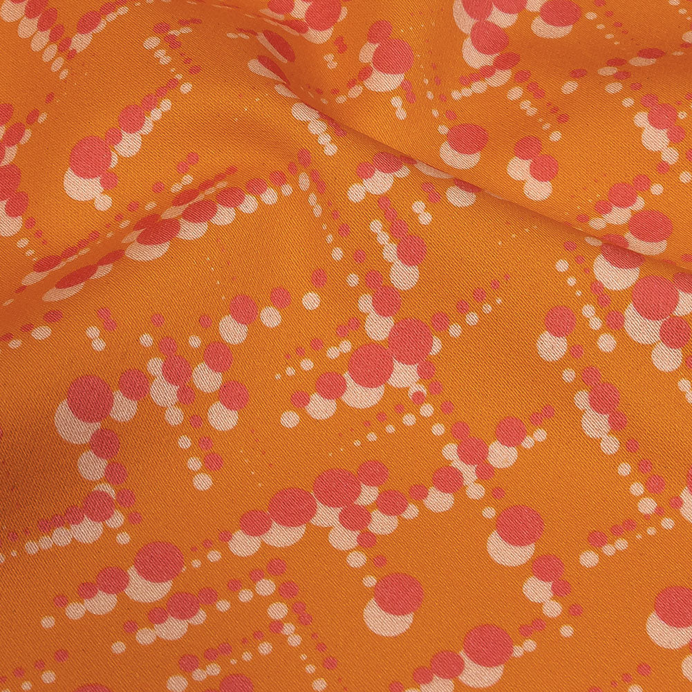 Stretch Cotton Sateen - Orange and Pink Dot Lines - Spot of Sunshine Print - Mood Exclusive Citrus Collection - Detail