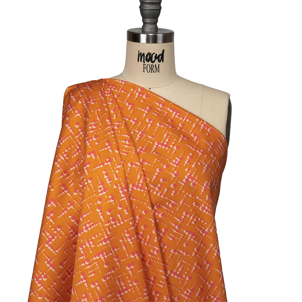 Stretch Cotton Sateen - Orange and Pink Dot Lines - Spot of Sunshine Print - Mood Exclusive Citrus Collection - Drape