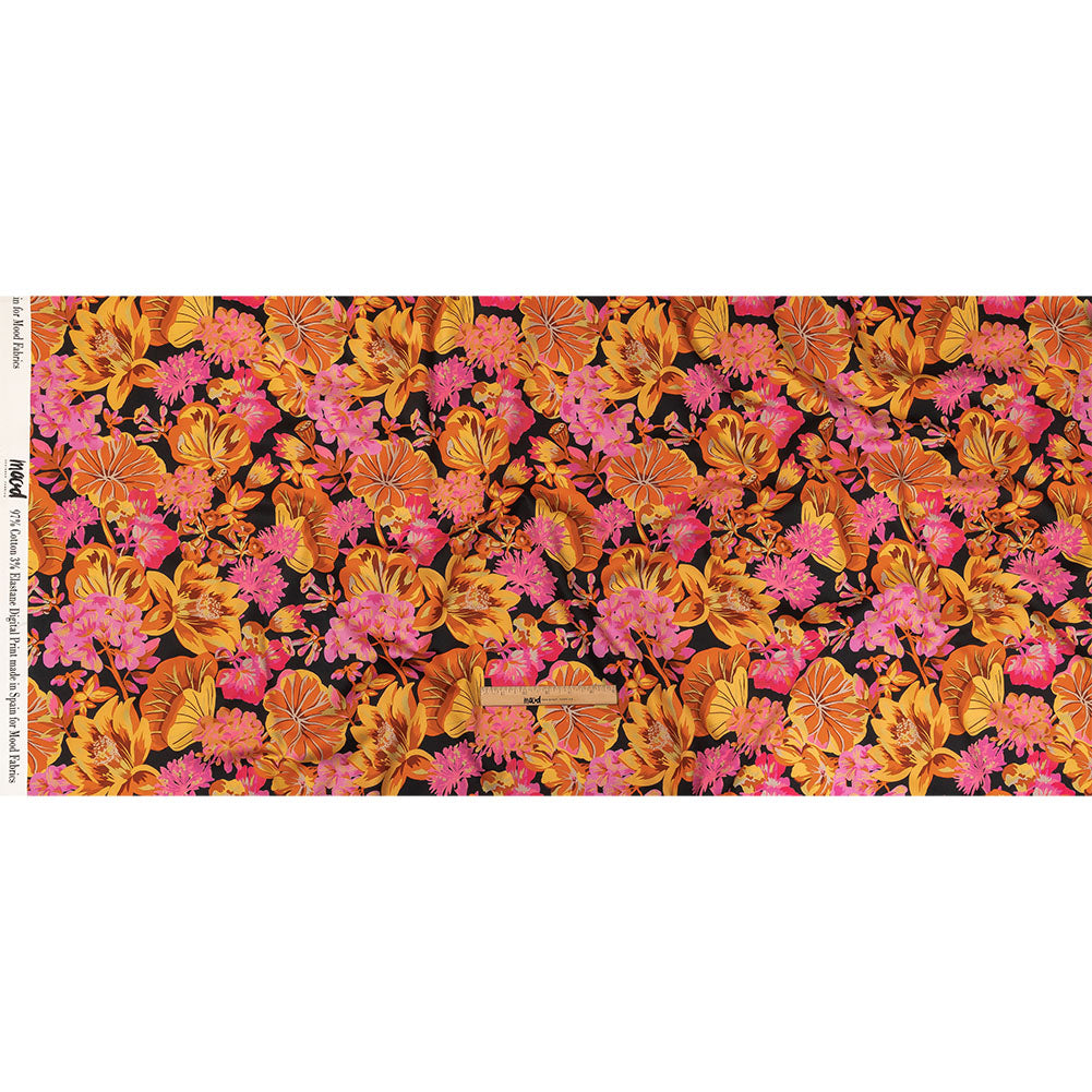 Stretch Cotton Sateen - Black, Pink and Yellow Floral - Tangerine Dreams Print - Mood Exclusive Citrus Collection