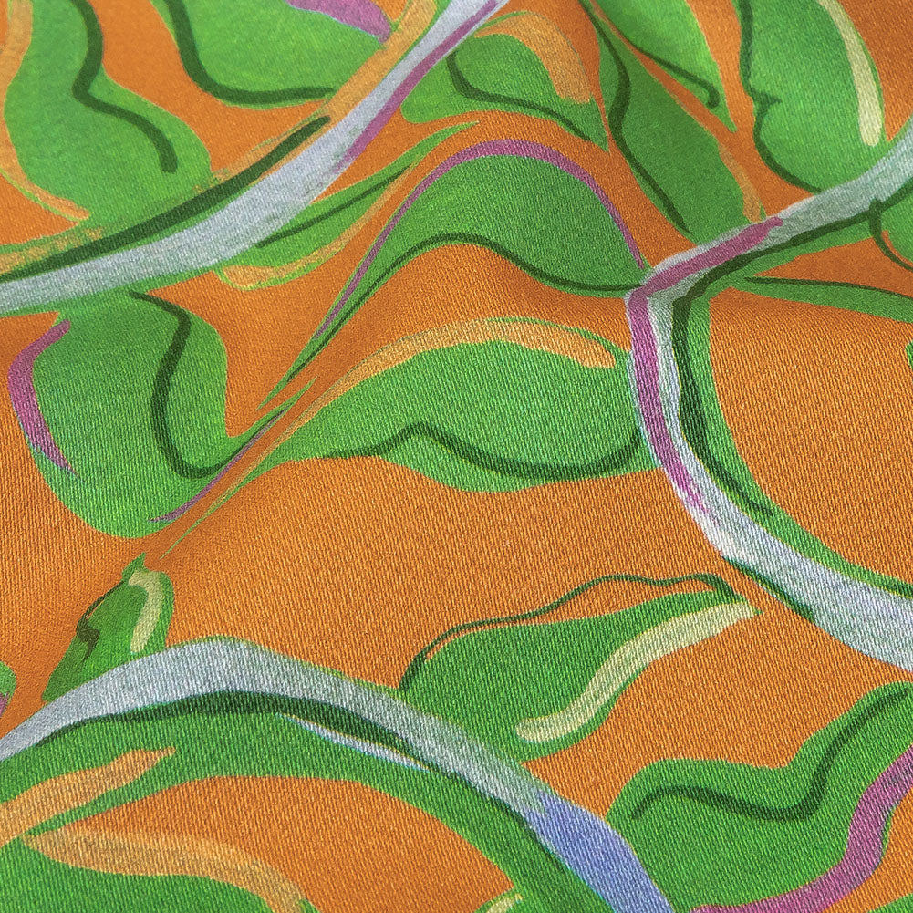 Stretch Cotton Sateen - Orange and Green Foliage - Looking Vine Print - Mood Exclusive Citrus Collection - Detail