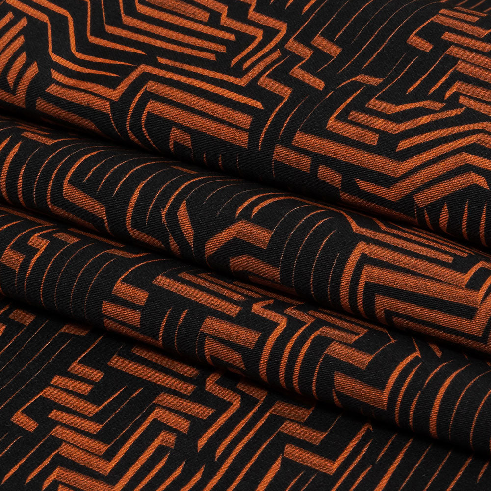 Stretch Cotton Sateen - Black and Orange Geometric Lines - Ci-Trust the Process Print - Mood Exclusive Citrus Collection - Folded