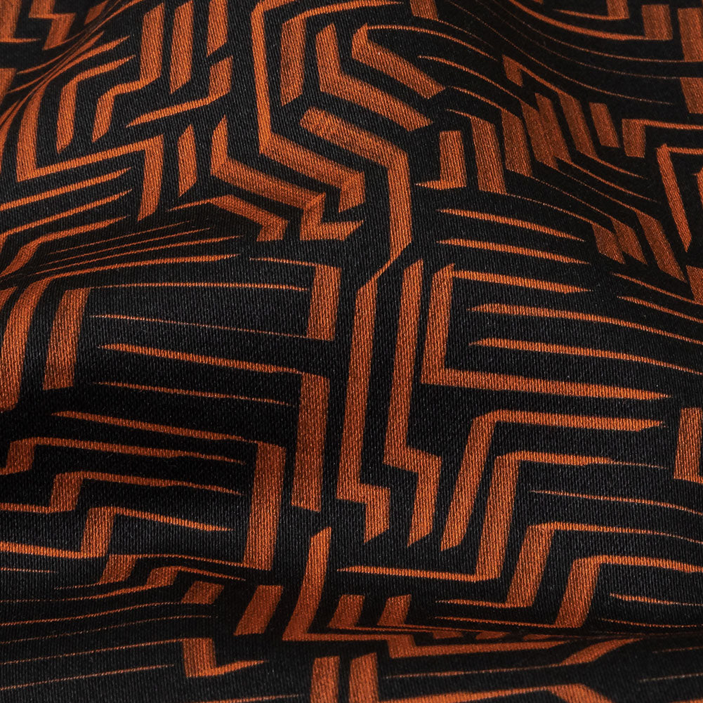 Stretch Cotton Sateen - Black and Orange Geometric Lines - Ci-Trust the Process Print - Mood Exclusive Citrus Collection - Detail