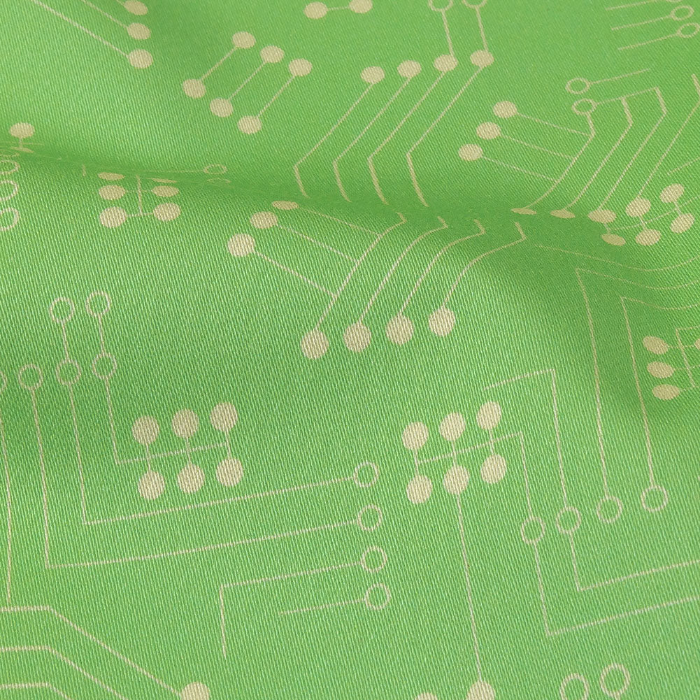 Stretch Cotton Sateen - Green Circuit Board Dots - Circuit Breaker Print - Mood Exclusive Citrus Collection