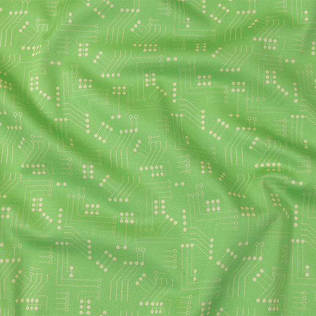 Stretch Cotton Sateen - Green Circuit Board Dots - Circuit Breaker Print - Mood Exclusive Citrus Collection