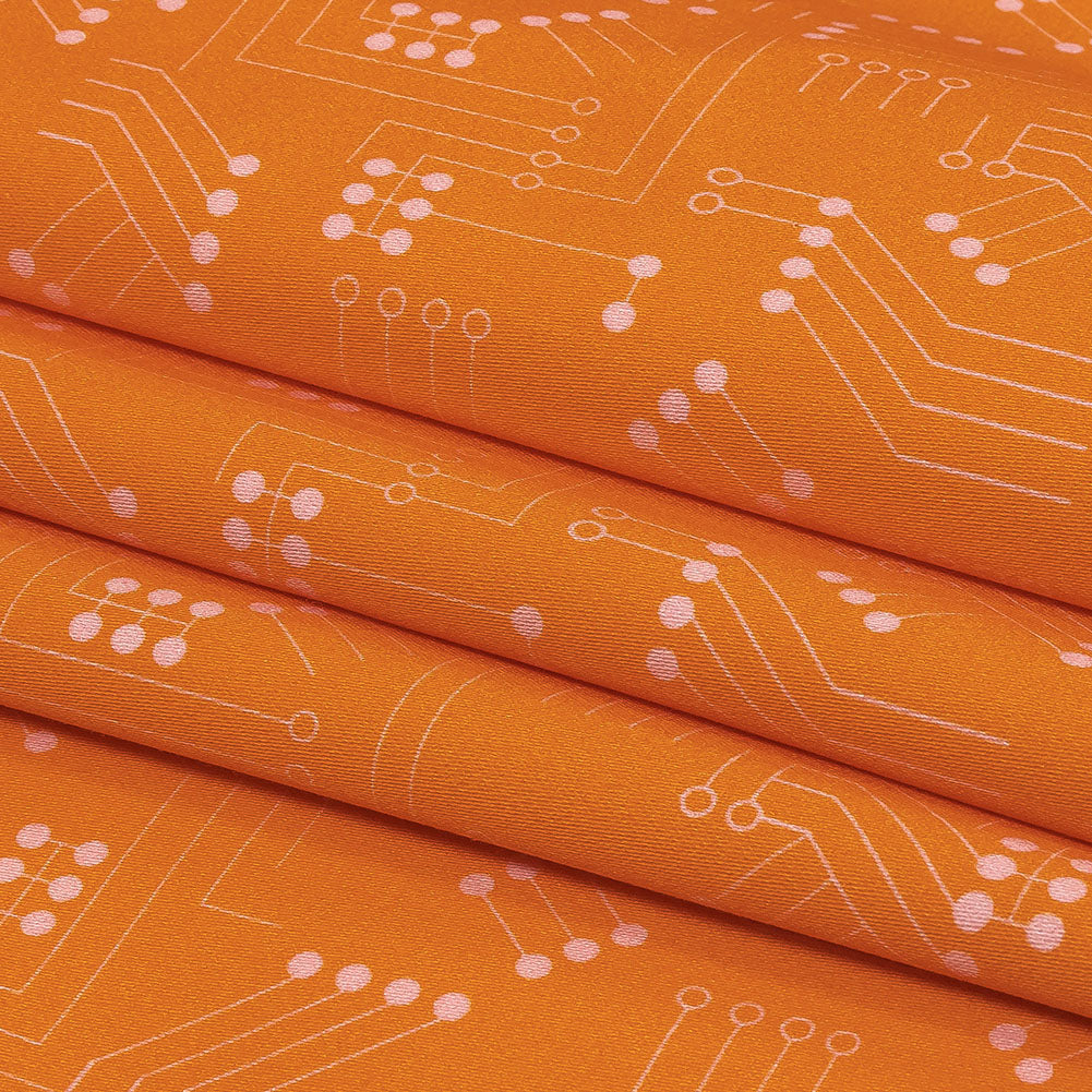 Stretch Cotton Sateen - Orange Circuit Board Dots - Circuit Breaker Print - Mood Exclusive Citrus Collection - Folded