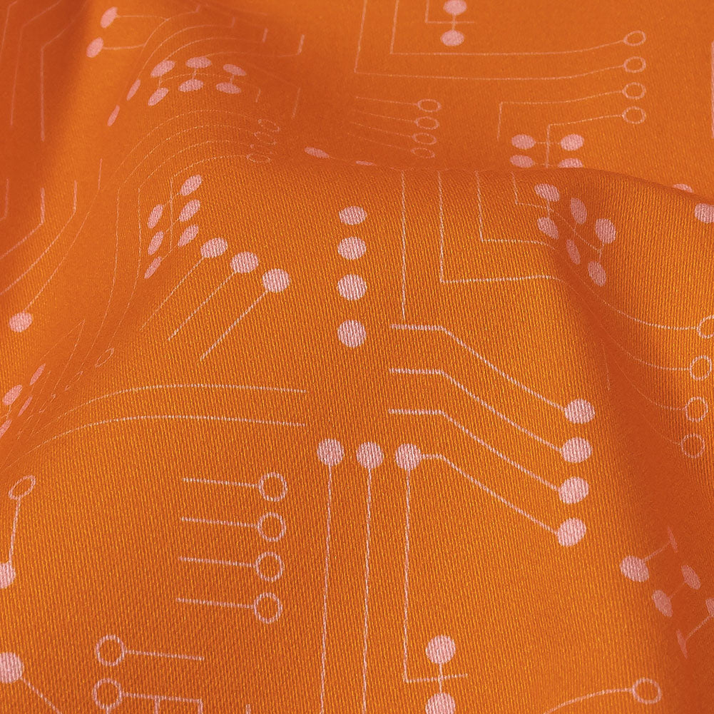 Stretch Cotton Sateen - Orange Circuit Board Dots - Circuit Breaker Print - Mood Exclusive Citrus Collection - Detail