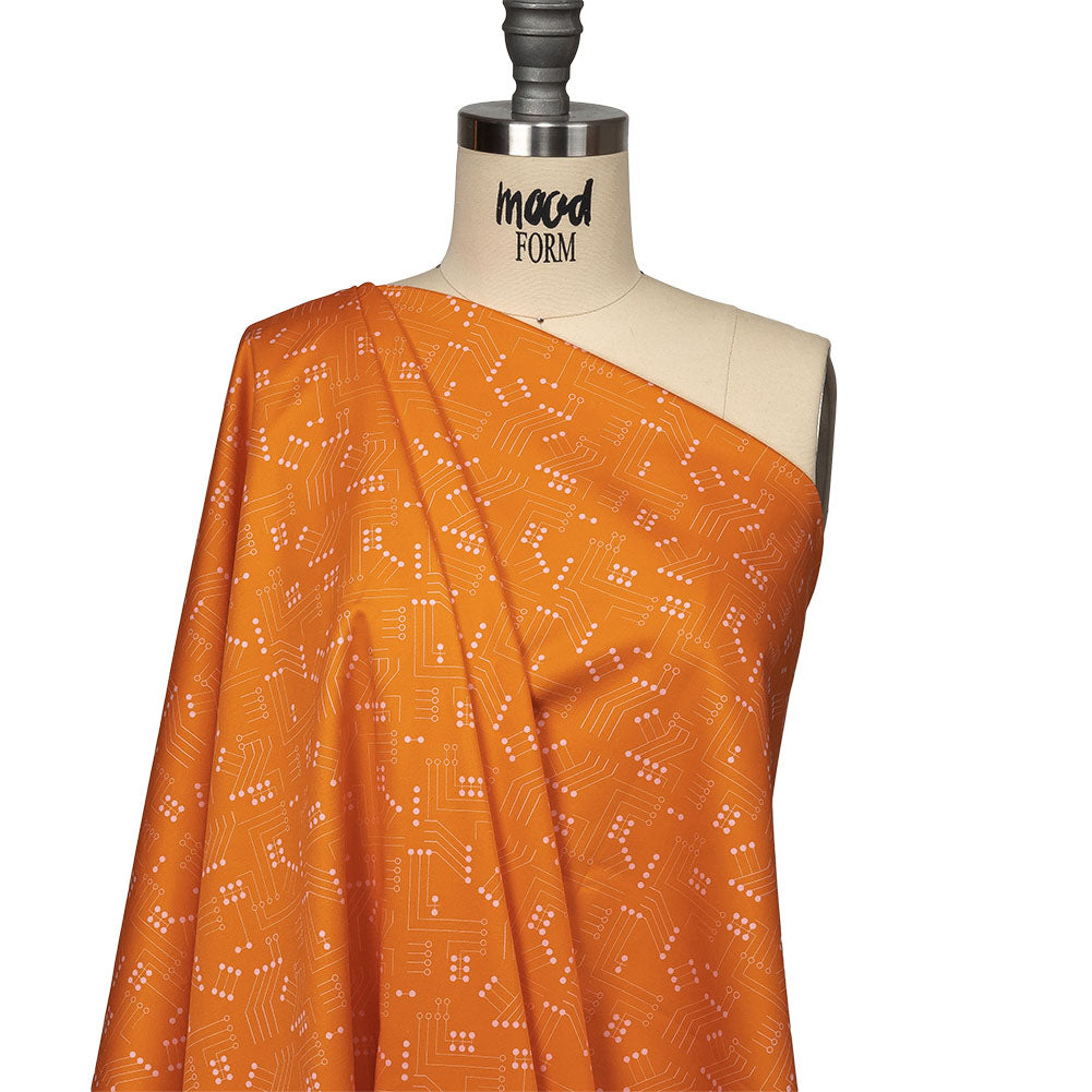 Stretch Cotton Sateen - Orange Circuit Board Dots - Circuit Breaker Print - Mood Exclusive Citrus Collection - Drape