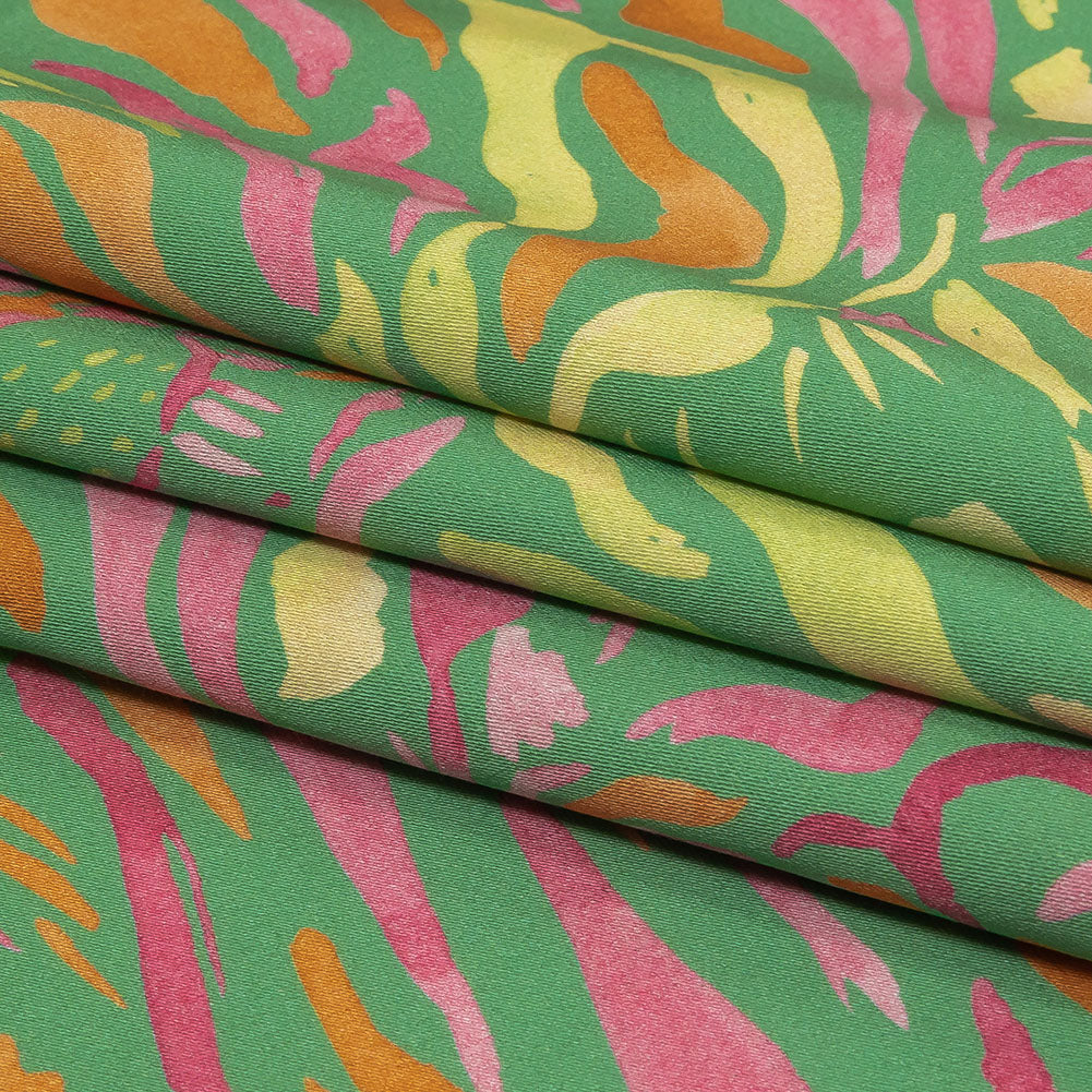Stretch Cotton Sateen - Green and Pink Tiger Stripes - Rainforest Refreshment Print - Mood Exclusive Citrus Collection - Folded