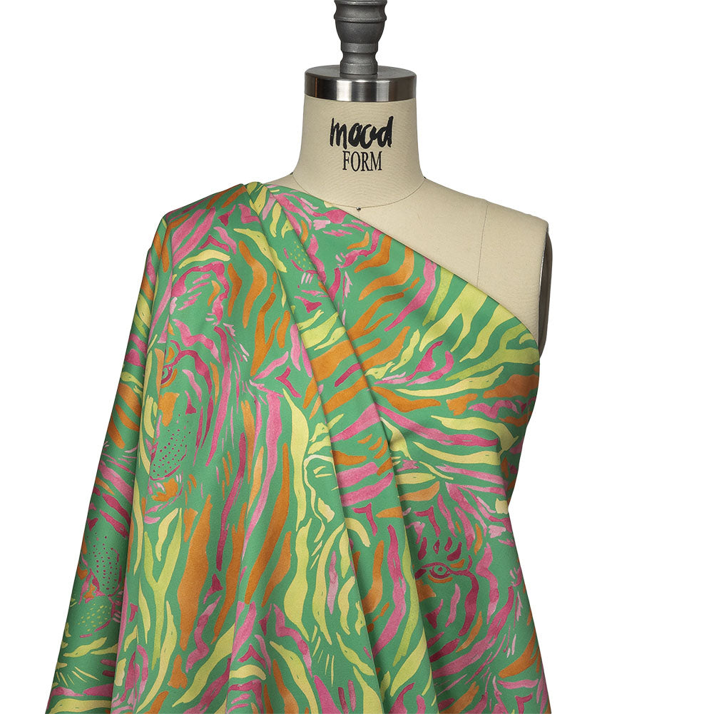 Stretch Cotton Sateen - Green and Pink Tiger Stripes - Rainforest Refreshment Print - Mood Exclusive Citrus Collection - Drape
