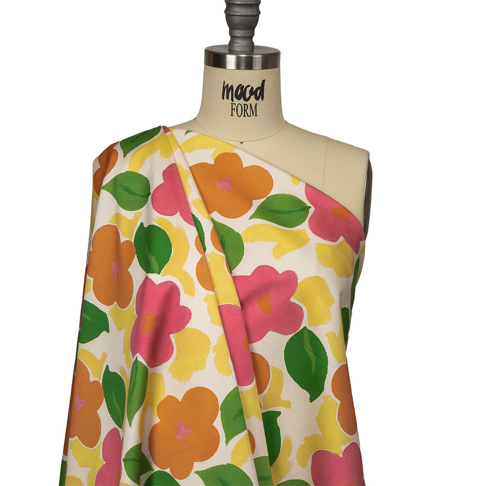 Stretch Cotton Sateen - Pink and Orange Simplistic Floral - Chalk Party Print - Mood Exclusive Citrus Collection - Drape