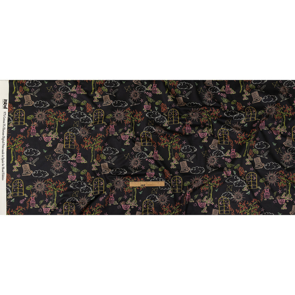 Stretch Cotton Sateen - Black Trees and Windows - Summer Nights Print - Mood Exclusive Citrus Collection - Full