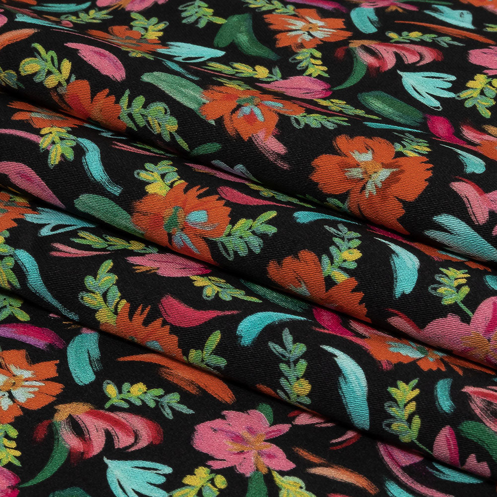 Stretch Cotton Sateen - Pink, Blue and Black Floral - Confetti Fete Print - Mood Exclusive Citrus Collection - Folded