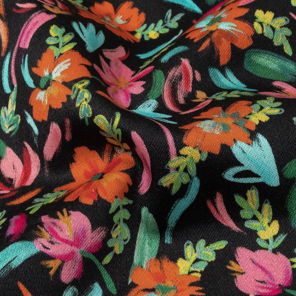 Stretch Cotton Sateen - Pink, Blue and Black Floral - Confetti Fete Print - Mood Exclusive Citrus Collection - Detail