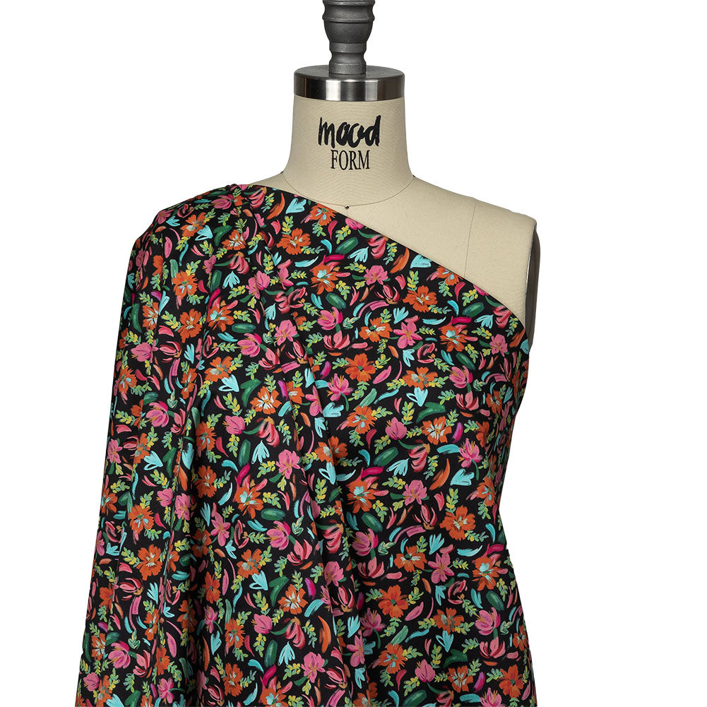 Stretch Cotton Sateen - Pink, Blue and Black Floral - Confetti Fete Print - Mood Exclusive Citrus Collection - Drape