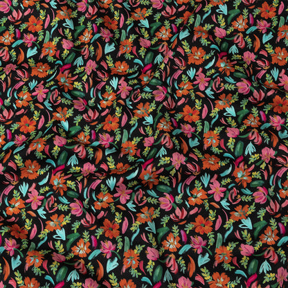 Stretch Cotton Sateen - Pink, Blue and Black Floral - Confetti Fete Print - Mood Exclusive Citrus Collection
