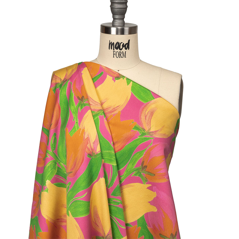 Stretch Cotton Sateen - Pink and Orange Tulips - Keukenhof Print - Mood Exclusive Citrus Collection - Drape