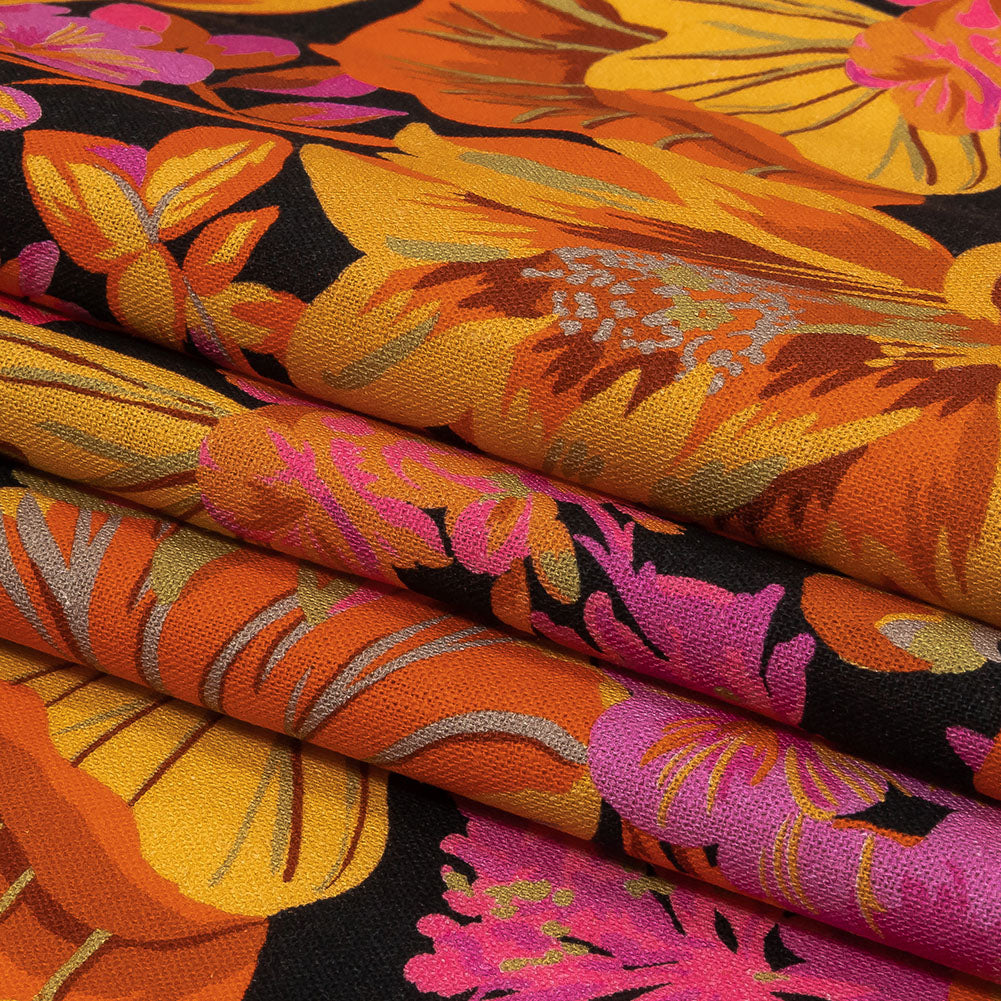 Linen and Rayon Woven - Black, Pink and Yellow Floral - Tangerine Dreams Print - Mood Exclusive Citrus Collection