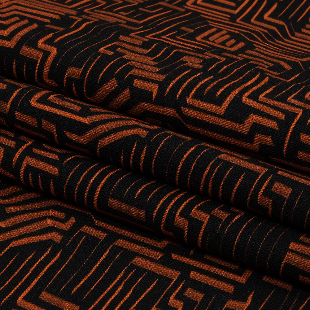 Linen and Rayon Woven - Black and Orange Geometric Lines - Ci-Trust the Process Print - Mood Exclusive Citrus Collection
