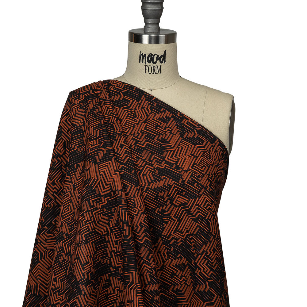 Linen and Rayon Woven - Black and Orange Geometric Lines - Ci-Trust the Process Print - Mood Exclusive Citrus Collection